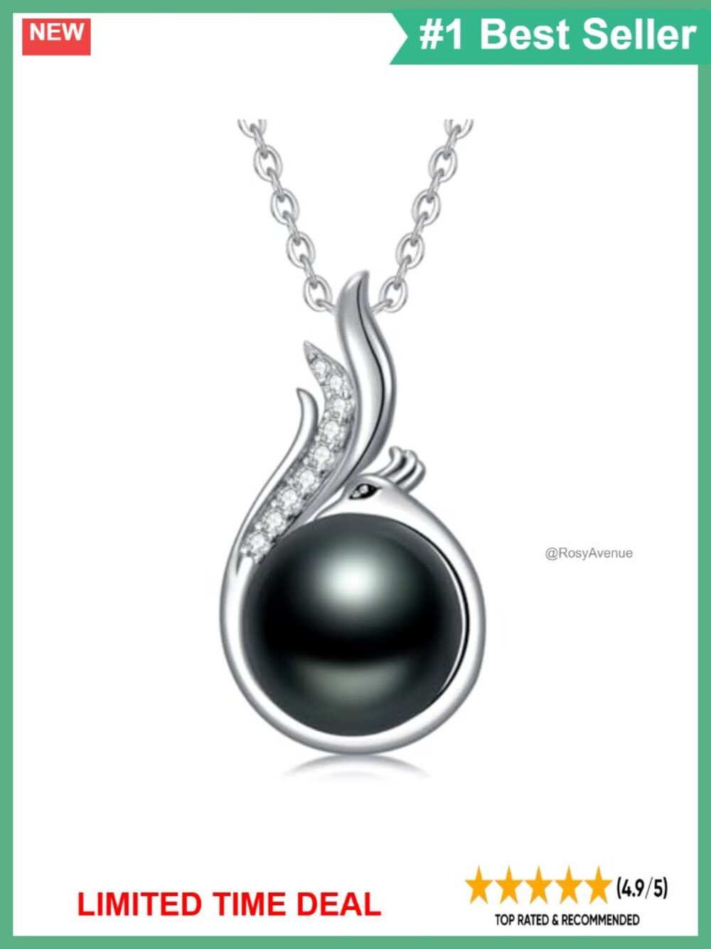Tahitian Black Pearl Phoenix Pendant Necklace 18K White Gold Plated Sterling